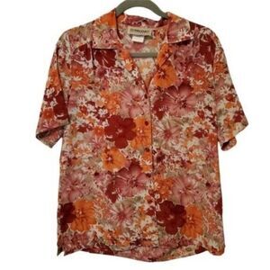 Donn Kenny Womens Sz S Orange Red Floral Short Sleeve Blouse